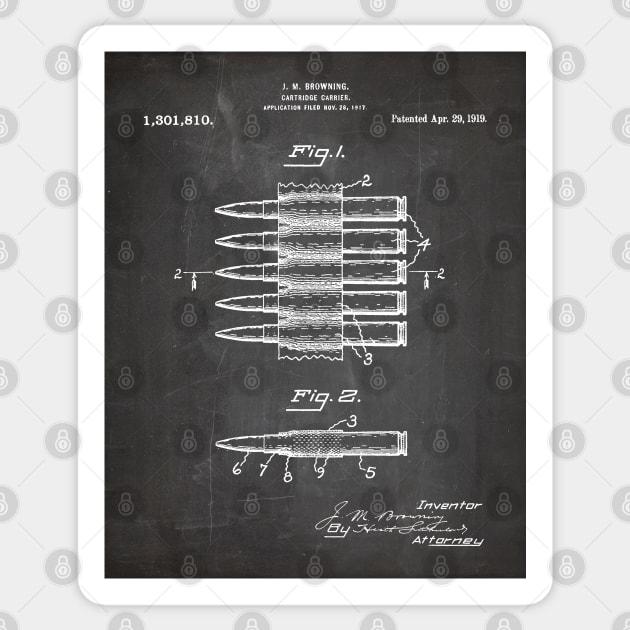 Bullet Cartridge Carrier Patent - Gun Lover Workshop Art - Black Chalkboard Sticker by patentpress